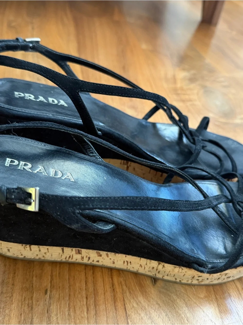 Prada Black Suede Cork Wedge Sandals with Lace Straps